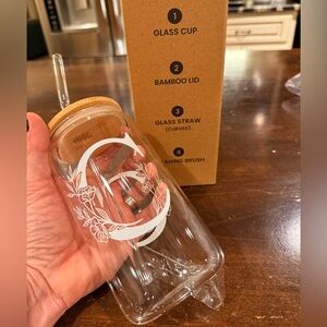 Personalized Glass Drink Bottle with straw and straw cleaner letter “C”